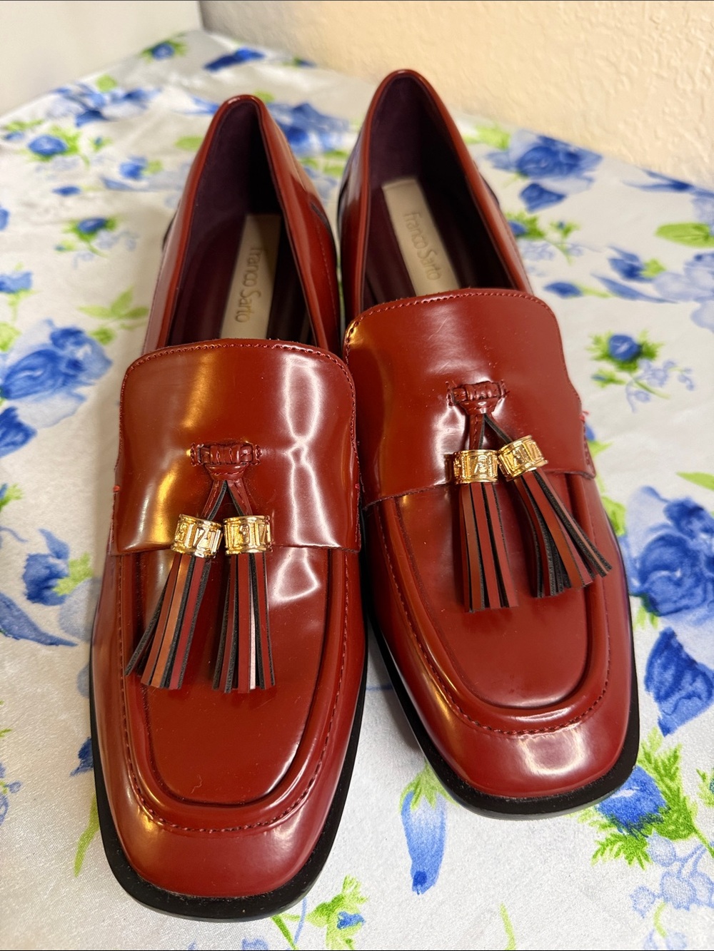 Franco Sarto Burgundy Patent Look Tassel Loafers with Gold Detail
